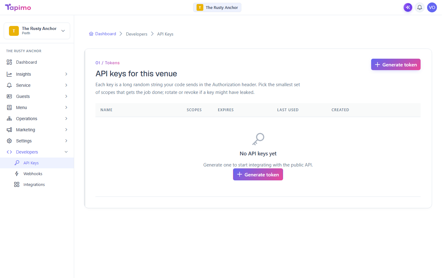 The API Keys screen, with the tokens intro and a Generate token button.
