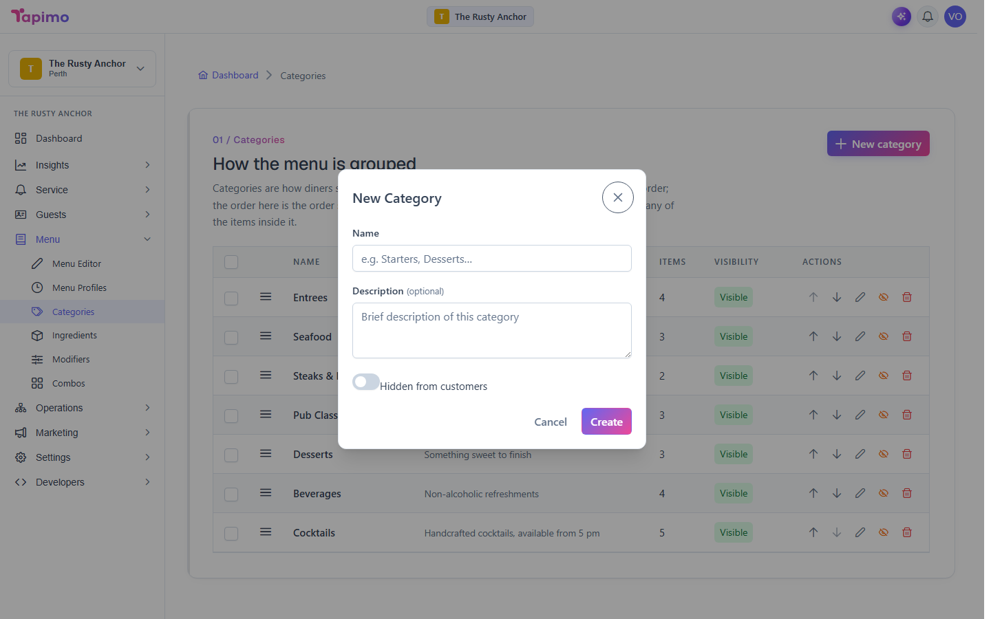 The New Category dialog, with fields for the name, an optional description and a Hidden-from-customers toggle.