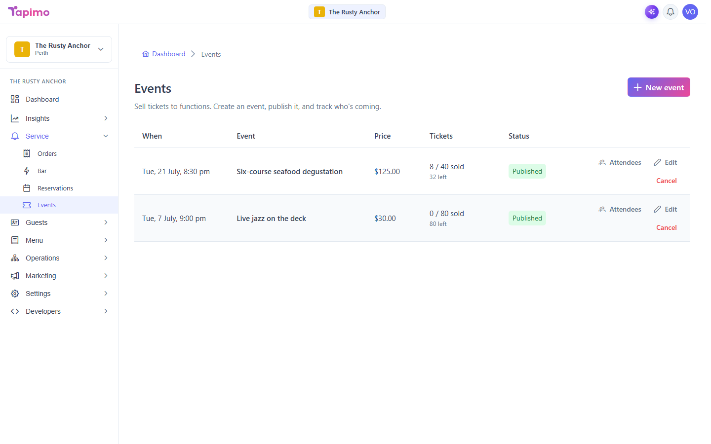 The Events screen, with the events intro and a New event button above the events list.