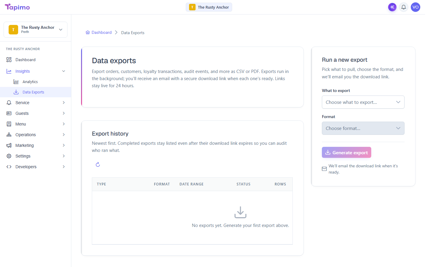 The Data Exports screen, with the export intro, the run-a-new-export panel and the export history list.