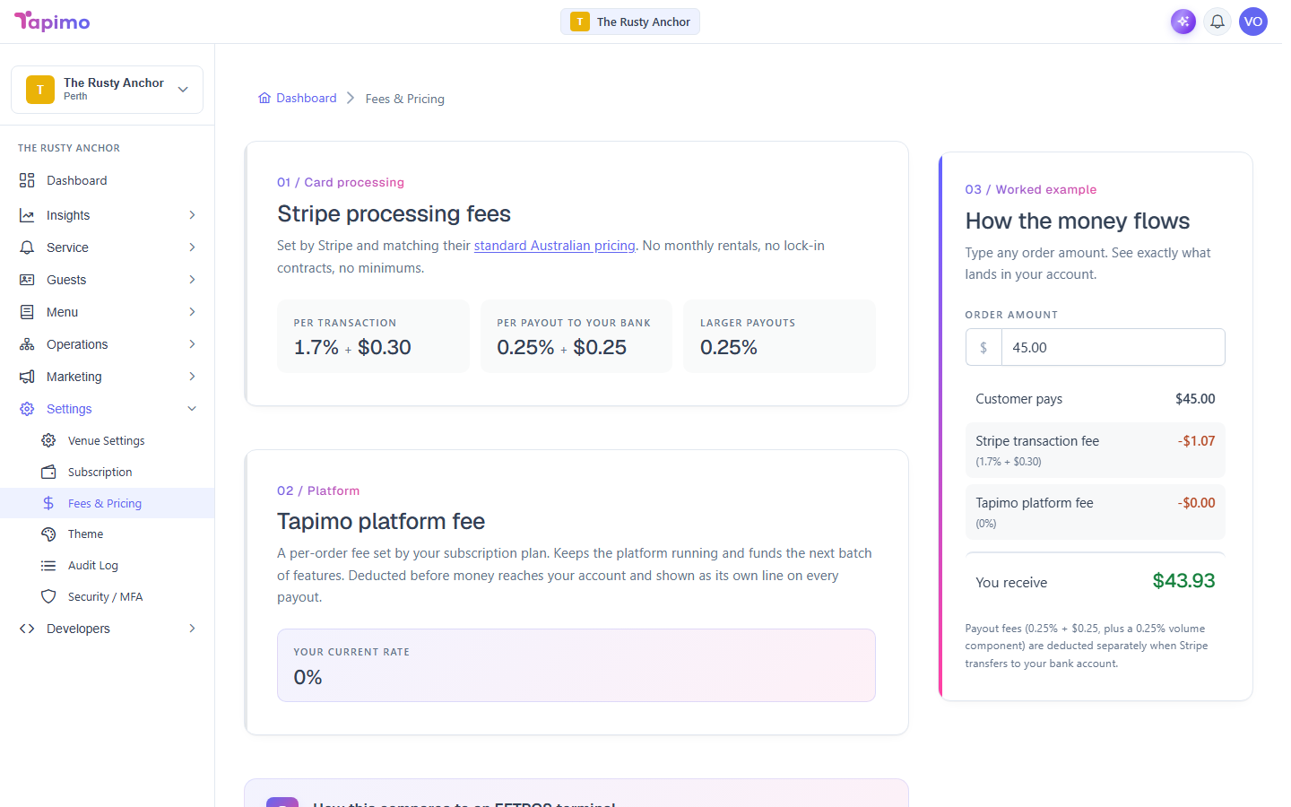 The Fees and Pricing screen, showing Stripe processing fees, the Tapimo platform fee and a worked example of what you receive on a sample order.