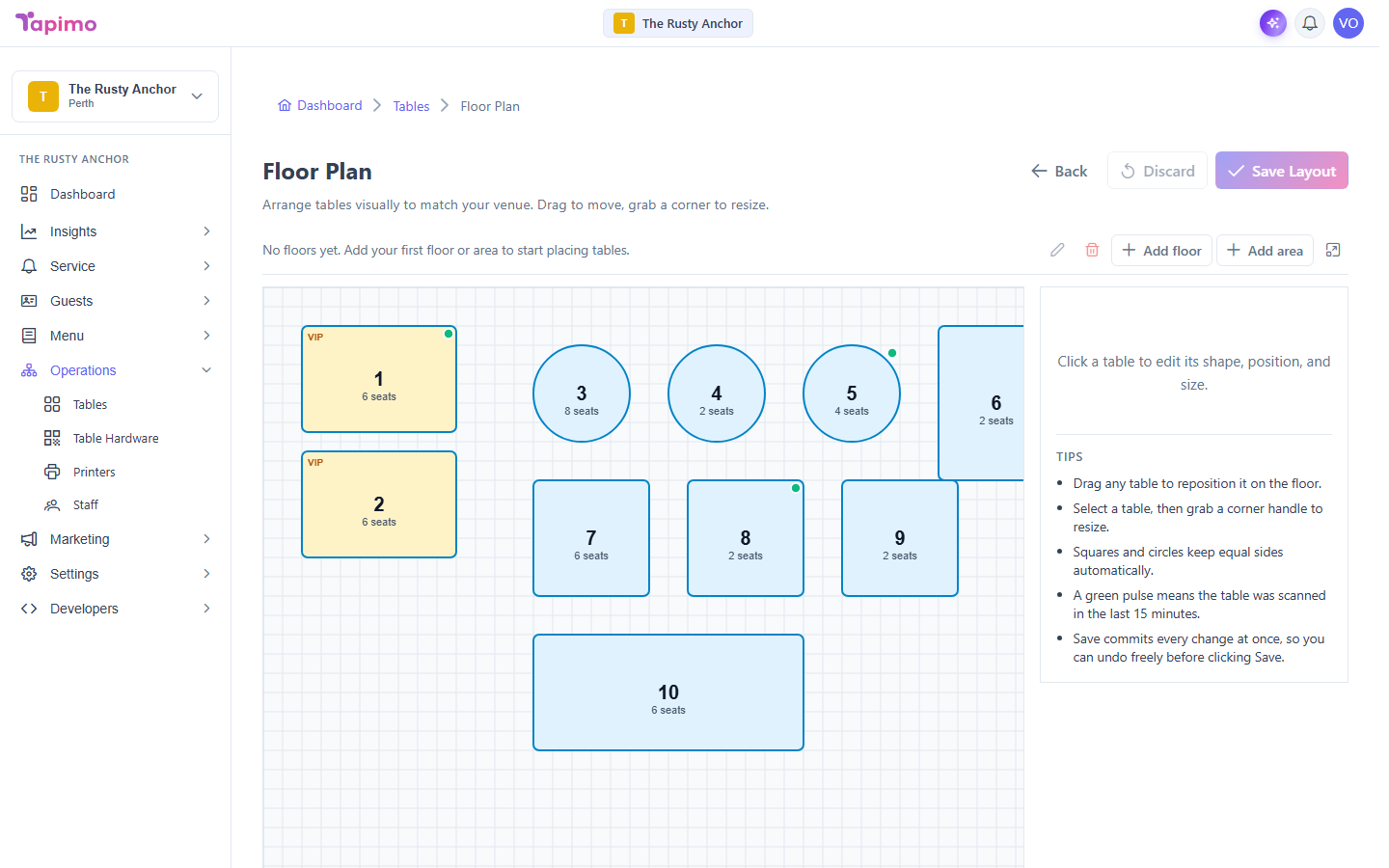 The Floor Plan editor, with tables laid out on a grid by shape and seat count and a tips panel on the right.
