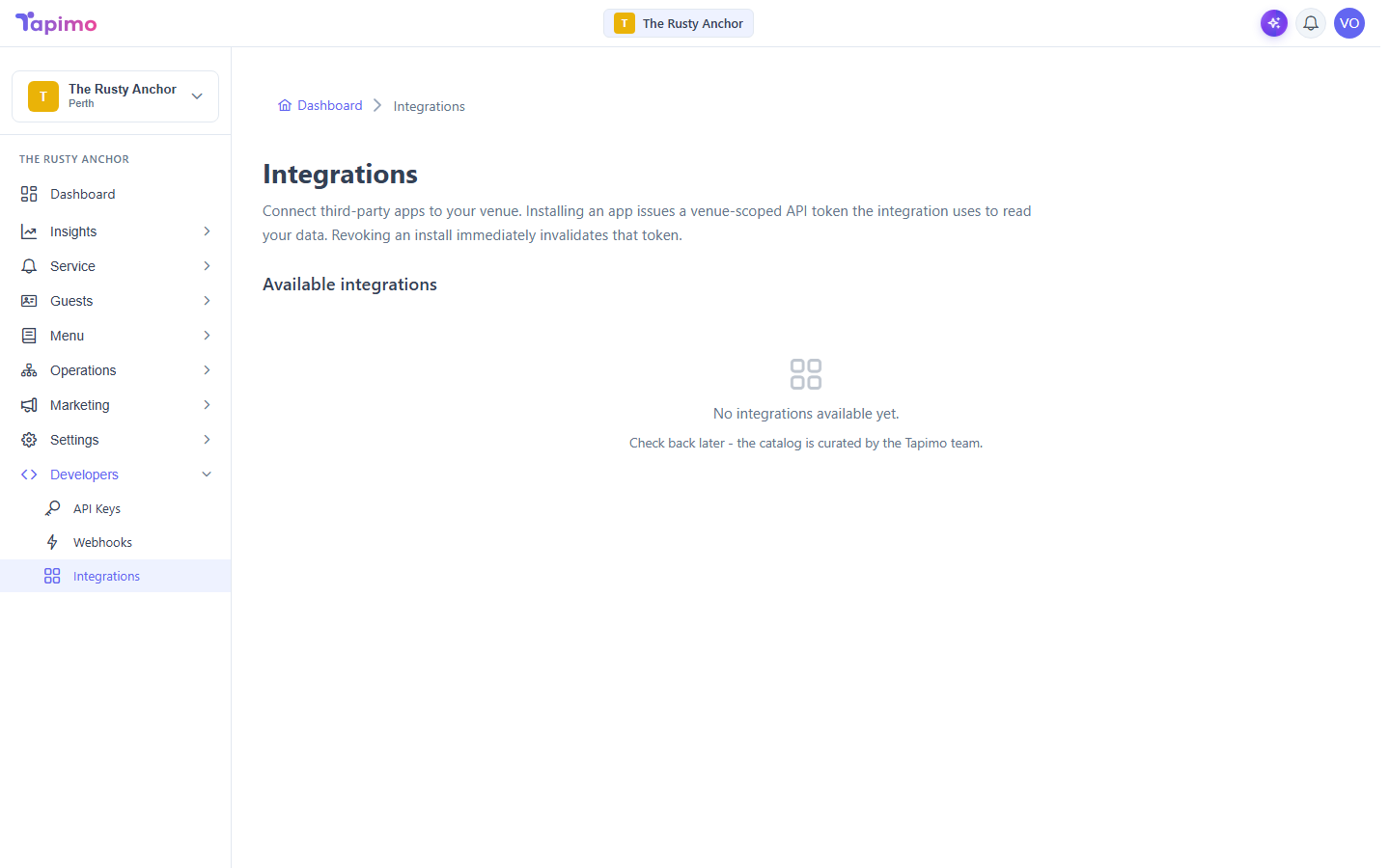 The Integrations screen, explaining that installing an app issues a venue-scoped API token, above the Available integrations list.