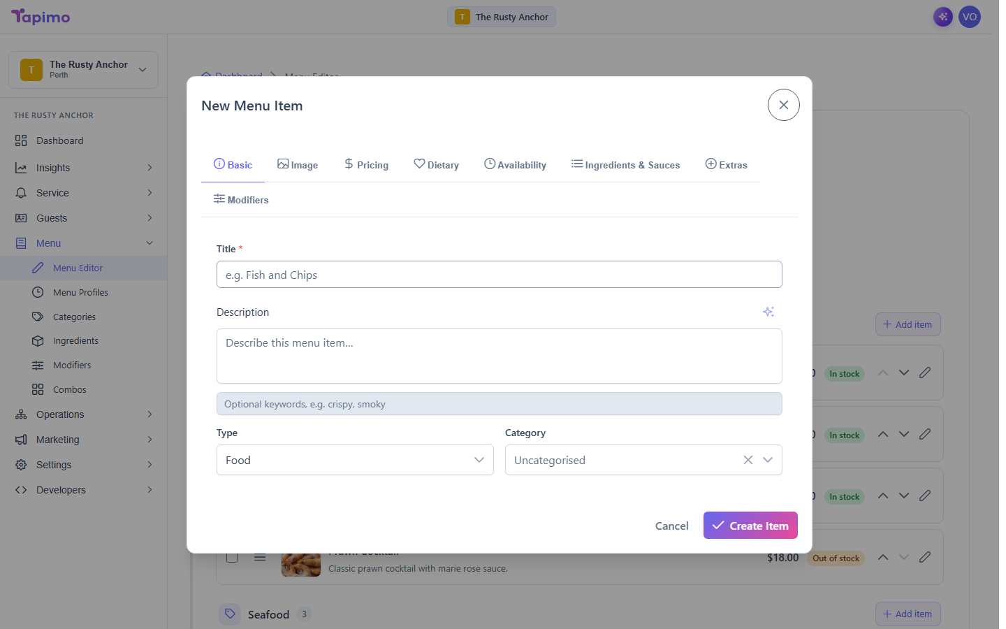 The New Menu Item dialog open over the menu list, with its Basic, Image, Pricing, Dietary, Availability, Ingredients & Sauces, Extras and Modifiers tabs.