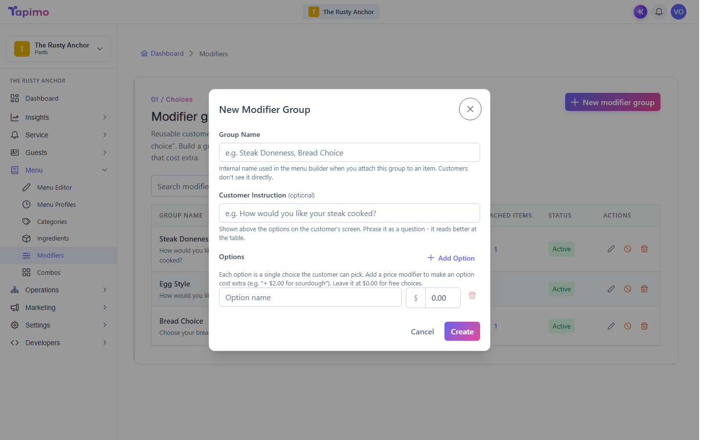 The New Modifier Group dialog, with the group name, customer instruction and an option list with per-option prices.