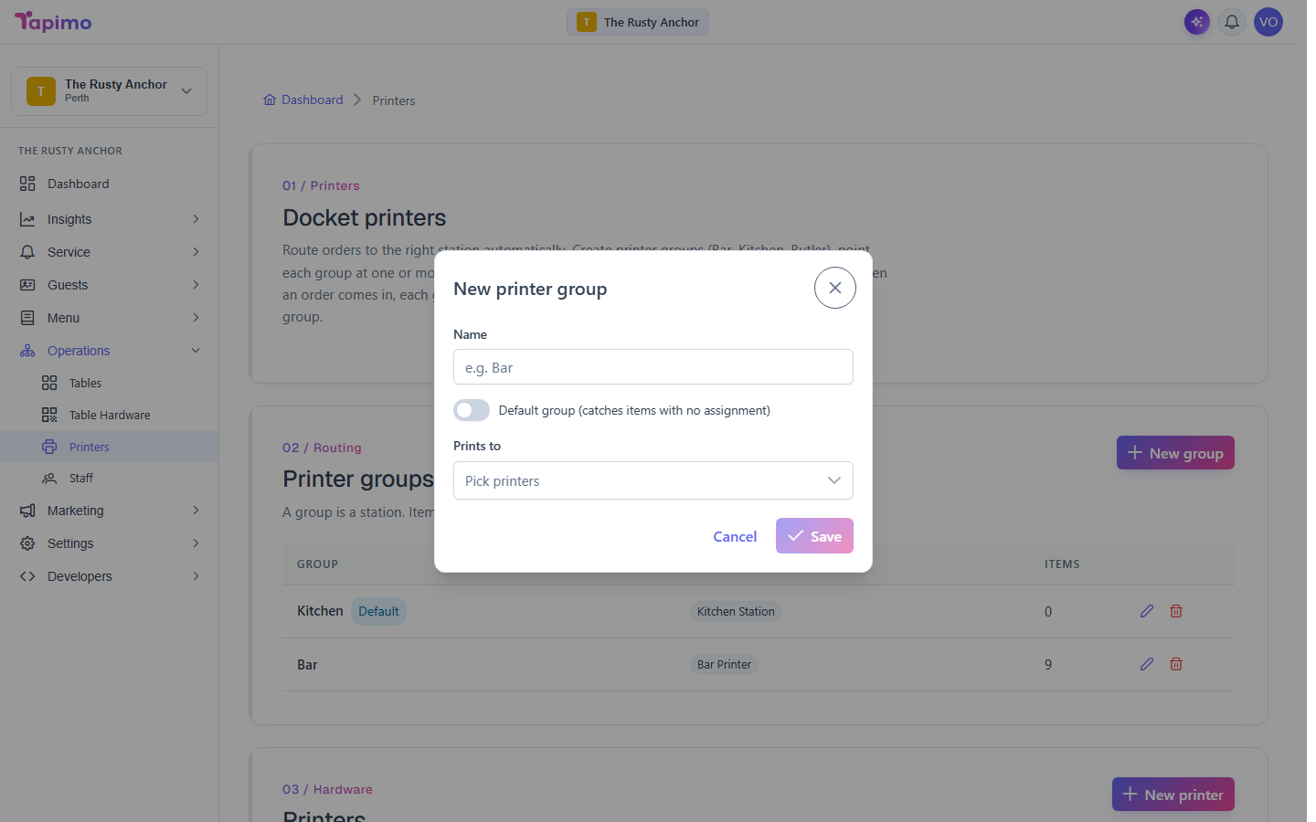 The New printer group dialog, with the group name, a default-group toggle and a printer picker.