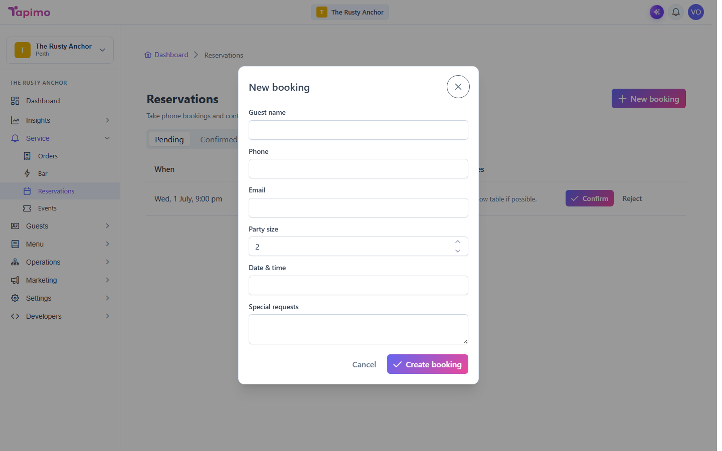 The New booking dialog, with fields for the guest name, phone, email, party size, date and time and special requests.