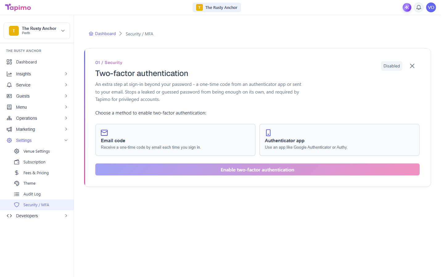 The Security and MFA screen, showing two-factor authentication disabled with a choice of Email code or Authenticator app.