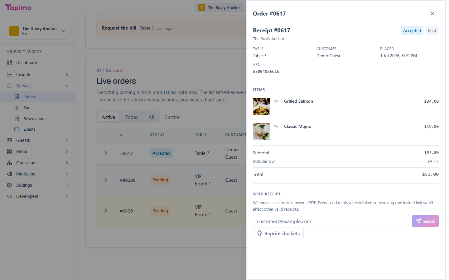 An order's receipt panel open over the Orders screen, showing the receipt with the option to email it to a customer.
