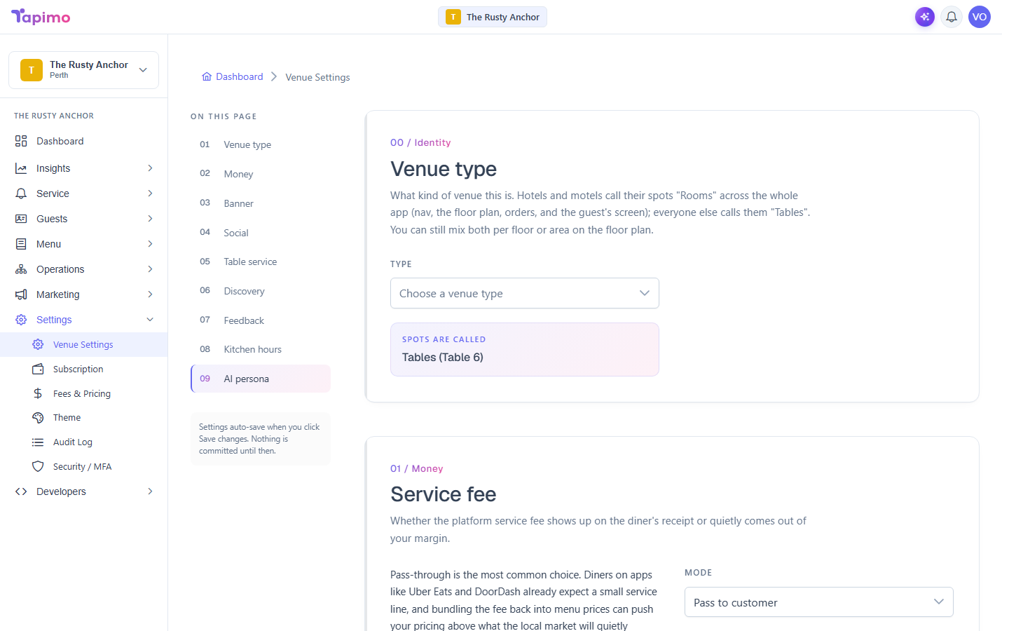 The Venue Settings screen, open at the Money section with the Service fee mode control.