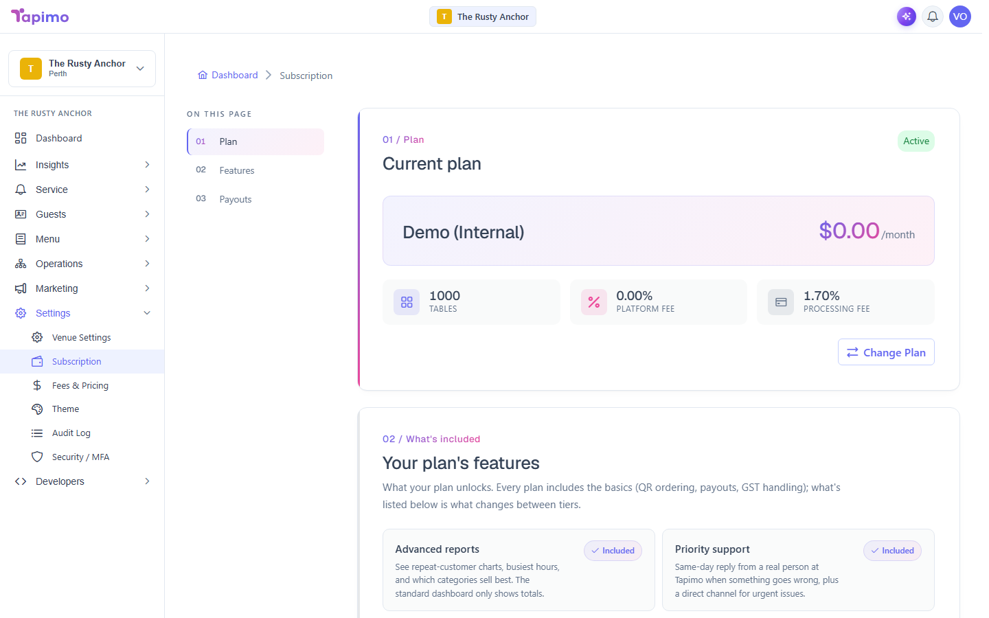 The Subscription screen, showing the current plan and its status.